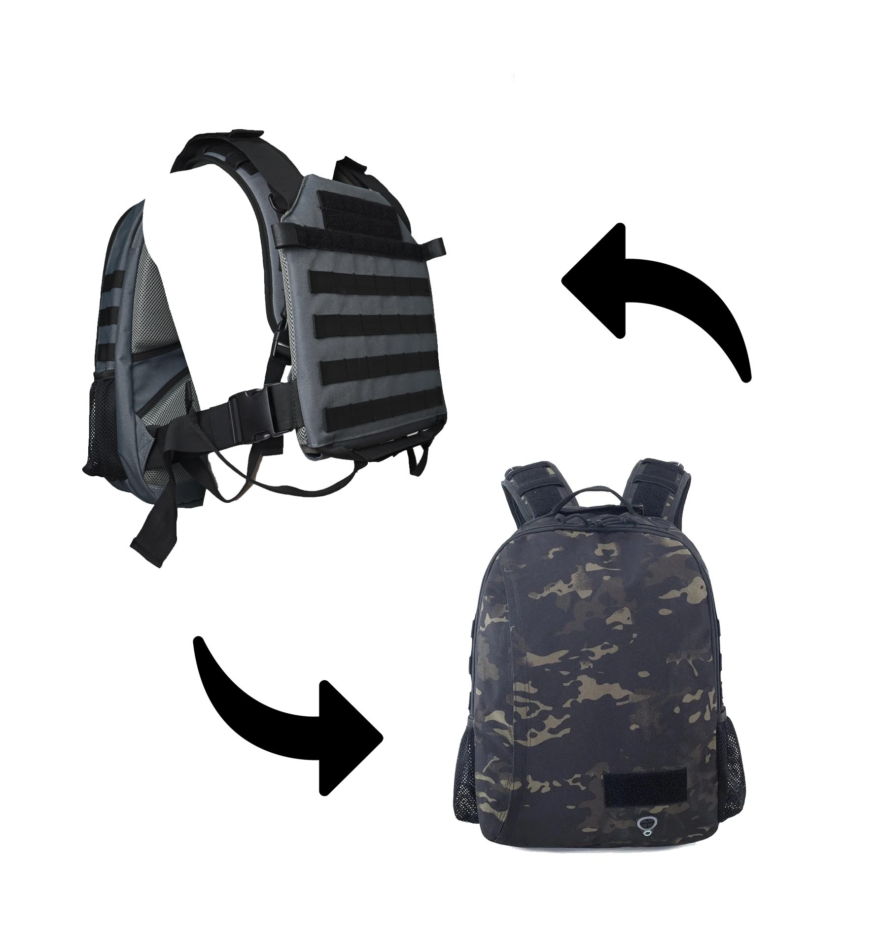 Covert Backpack Body Armor System w/MOLLE Attachments + Front + Rear NIJ IV Rigid Inserts - Stops 300WIN MAG + .30-06AP - Black Camo